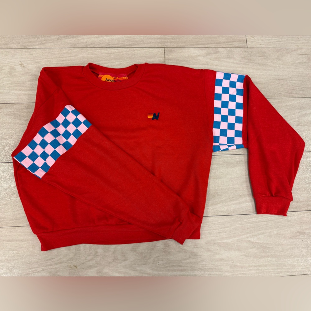 Aviator Nation Check Relaxed Crewneck Sweatshirt - Unisex S - NEW WITH TAGS